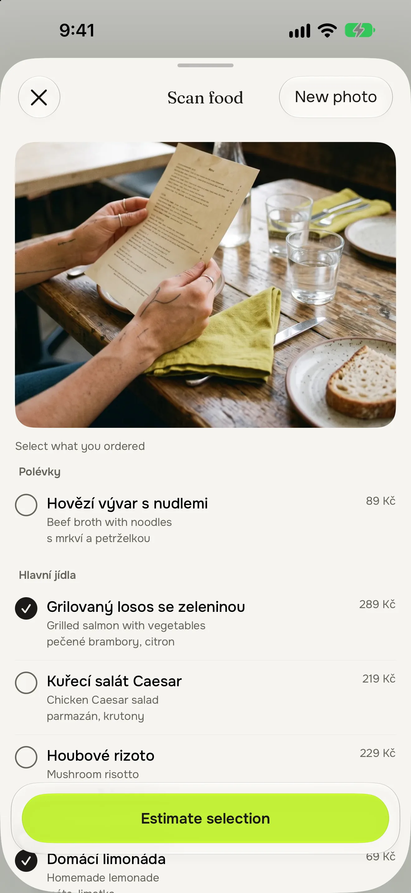 Menu scan: a Czech menu read with English translations, two dishes ticked, ready to estimate
