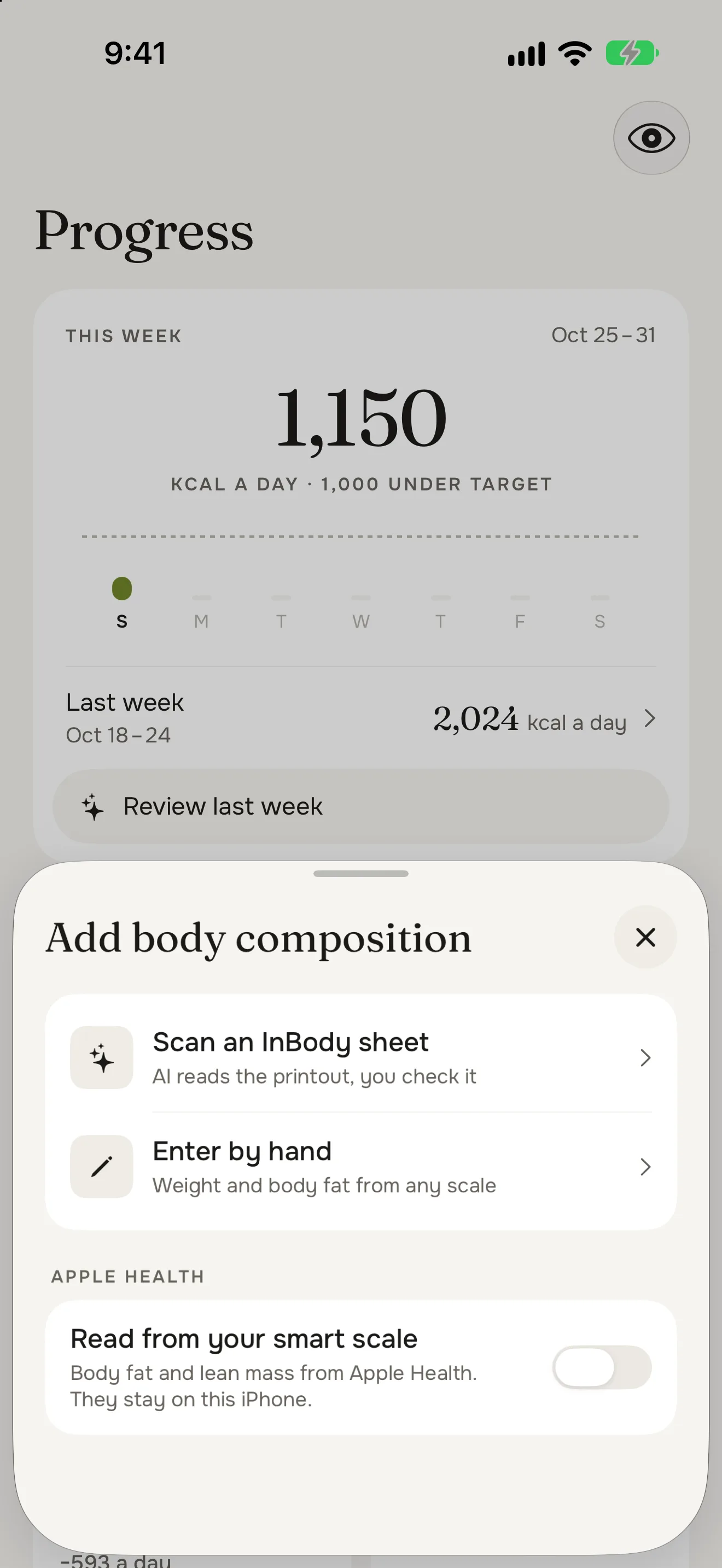 Add body composition: scan an InBody sheet, enter it by hand, or read body fat and lean mass from a smart scale through Apple Health