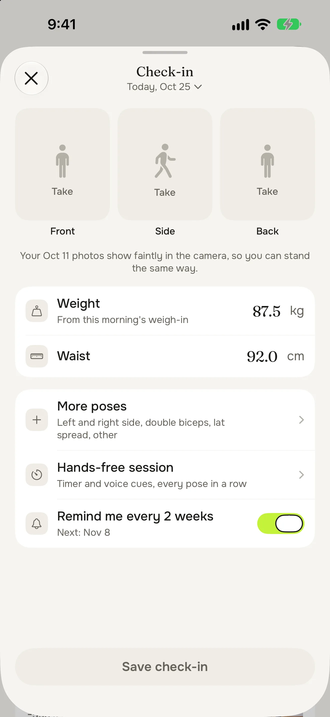 A check-in: front, side and back slots, this morning's weight of 87.5 kg and a waist of 92 cm, more poses, the hands-free session and a reminder every 2 weeks