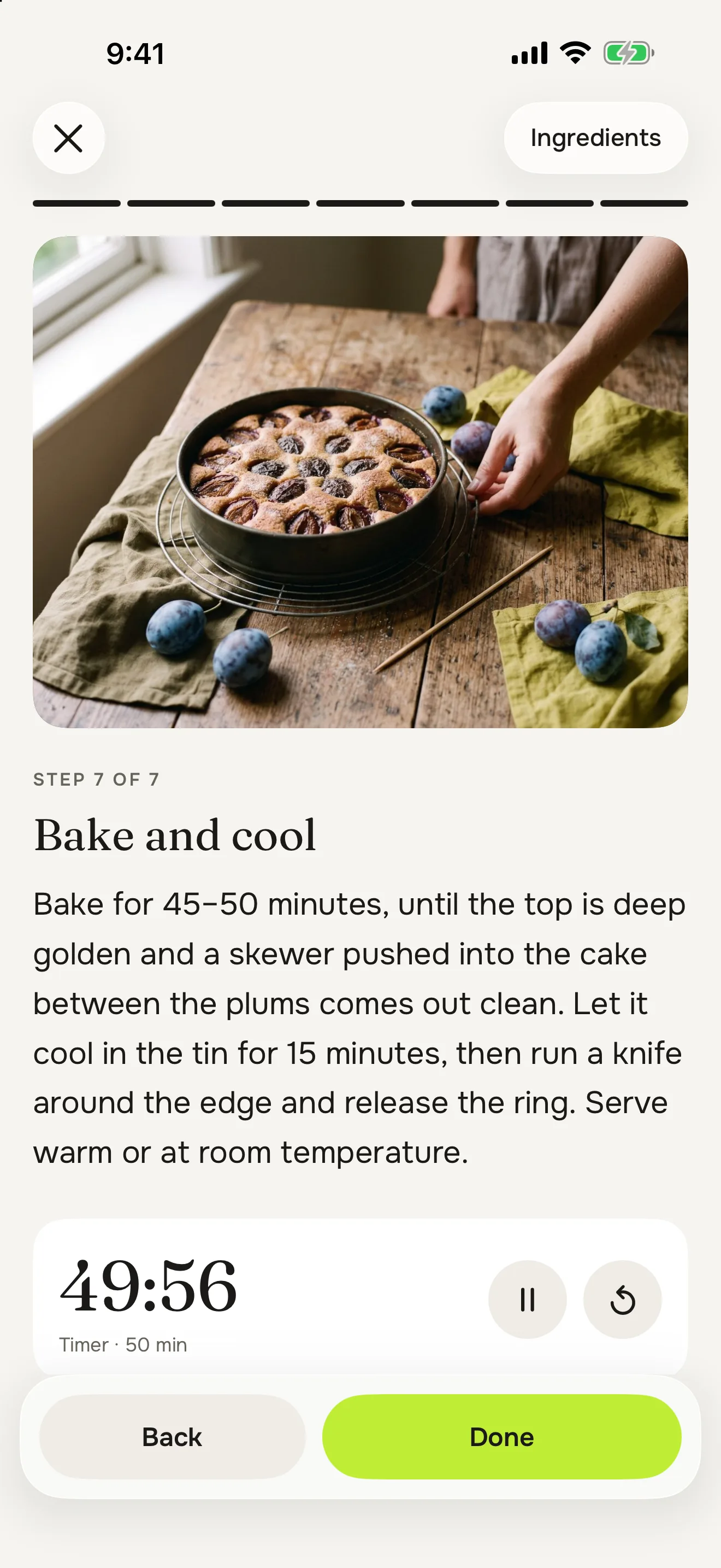 Cook mode, step 7 of 7, bake and cool, with a timer running at 49:56 of 50 minutes