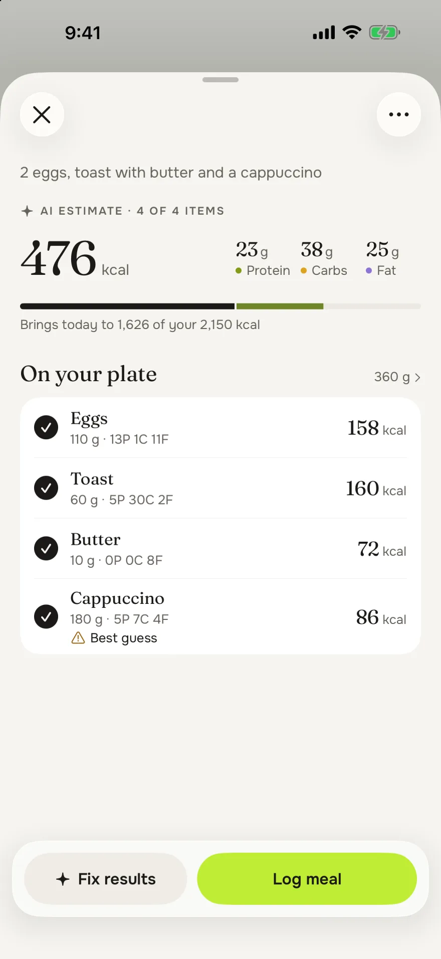AI estimate of a typed meal, “2 eggs, toast with butter and a cappuccino”: 476 kcal for 4 items, eggs 158, toast 160, butter 72 and cappuccino 86 kcal