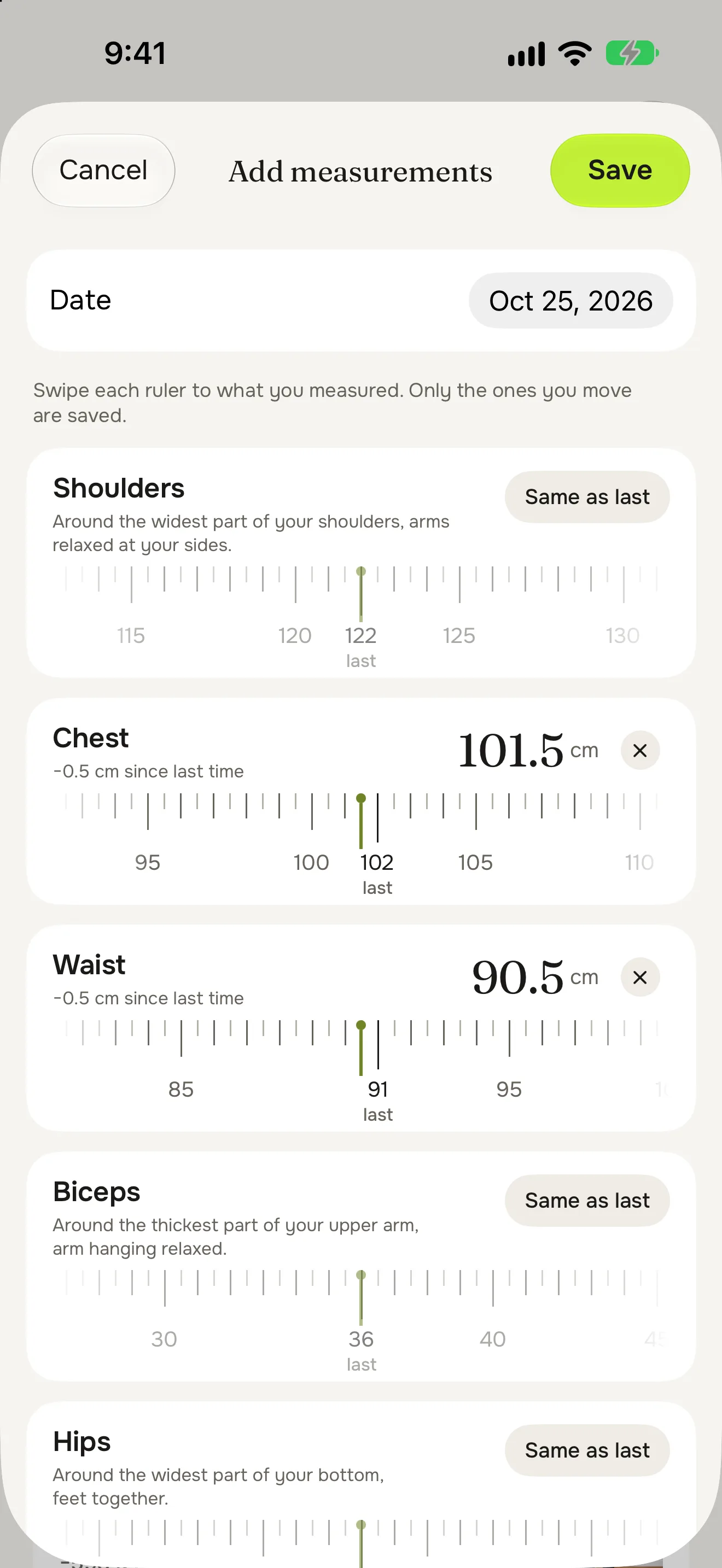 Add measurements: a ruler for each spot, chest set to 101.5 cm and waist to 90.5 cm, both 0.5 cm under last time, the others marked “Same as last”