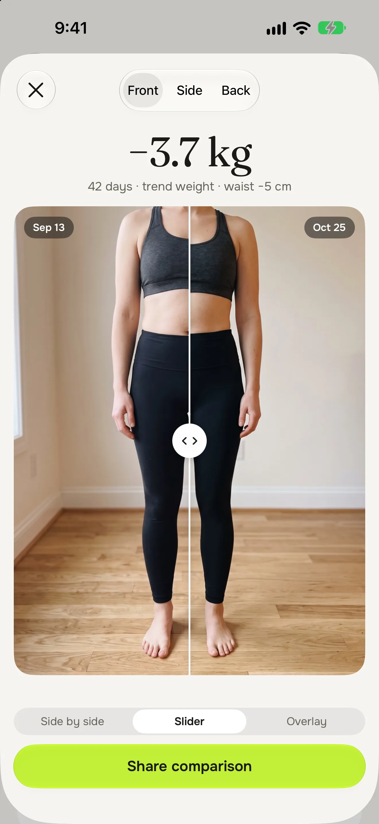Compare: the first check-in beside the latest, with a slider between them and the weight change on top