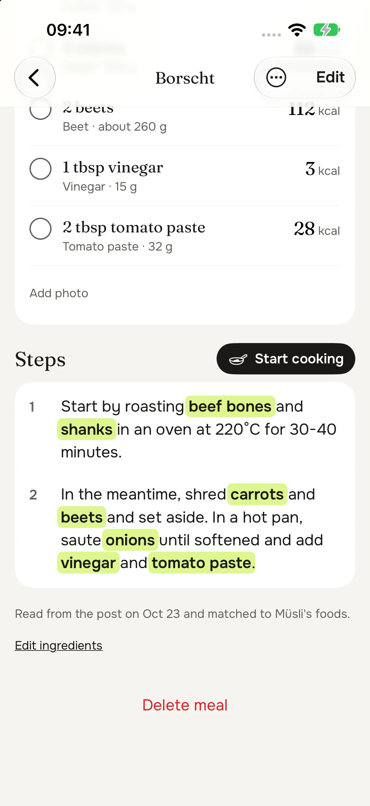 The borscht's steps with every ingredient name highlighted, a Start cooking button above them, and a note that the recipe was read from the post and matched to Müsli's foods